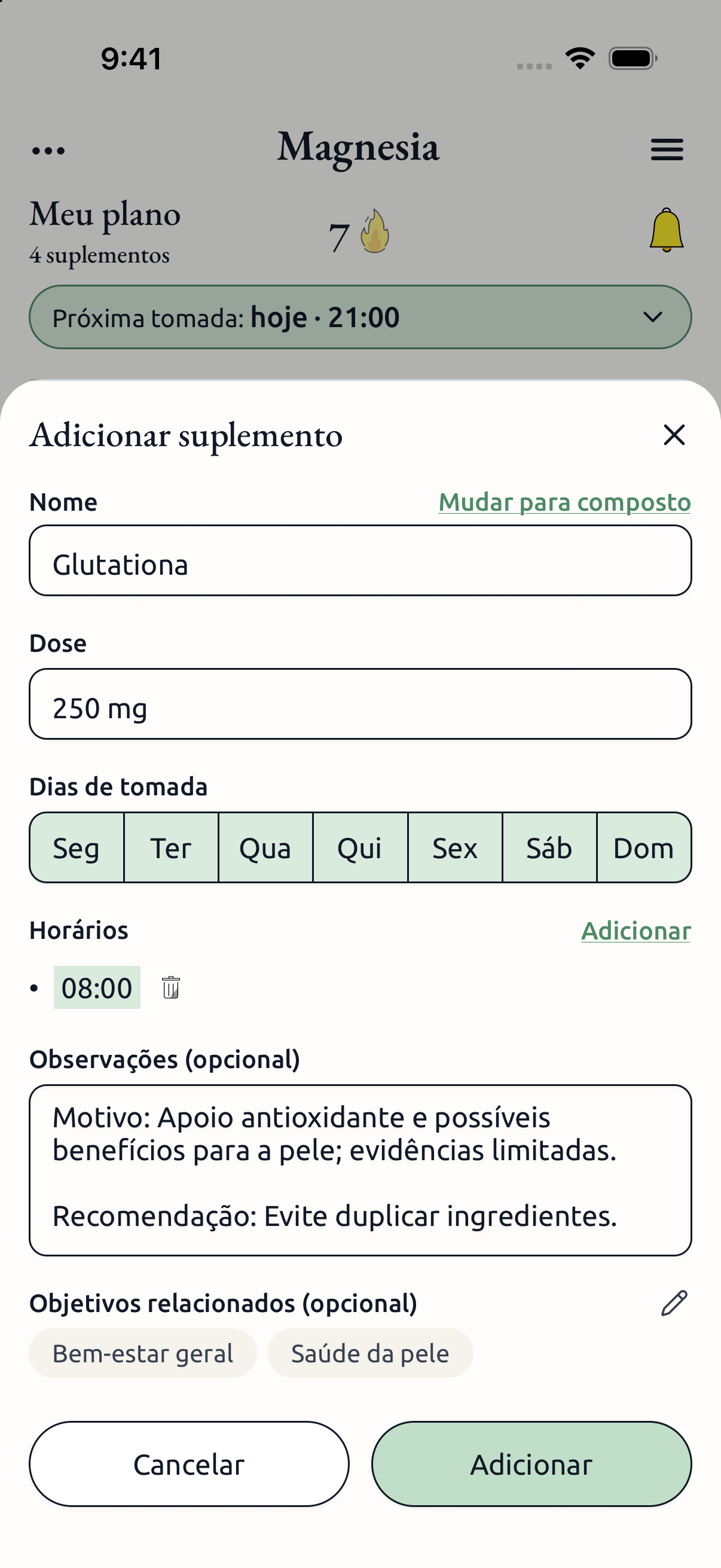Formulário para adicionar suplemento