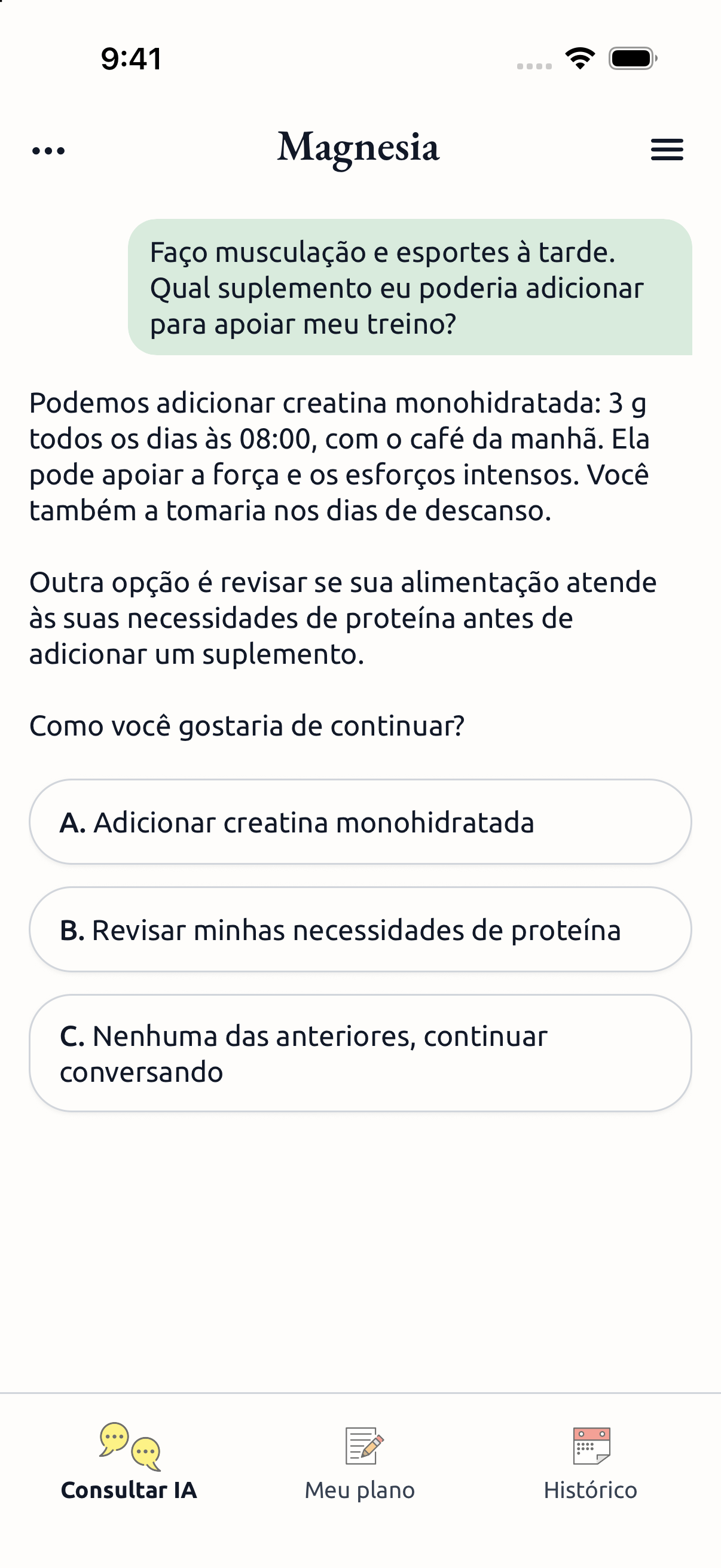 Consulta à IA sobre suplementos esportivos